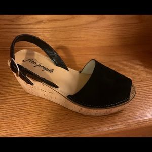 Free People Black Wedge Cork Platform Sandals